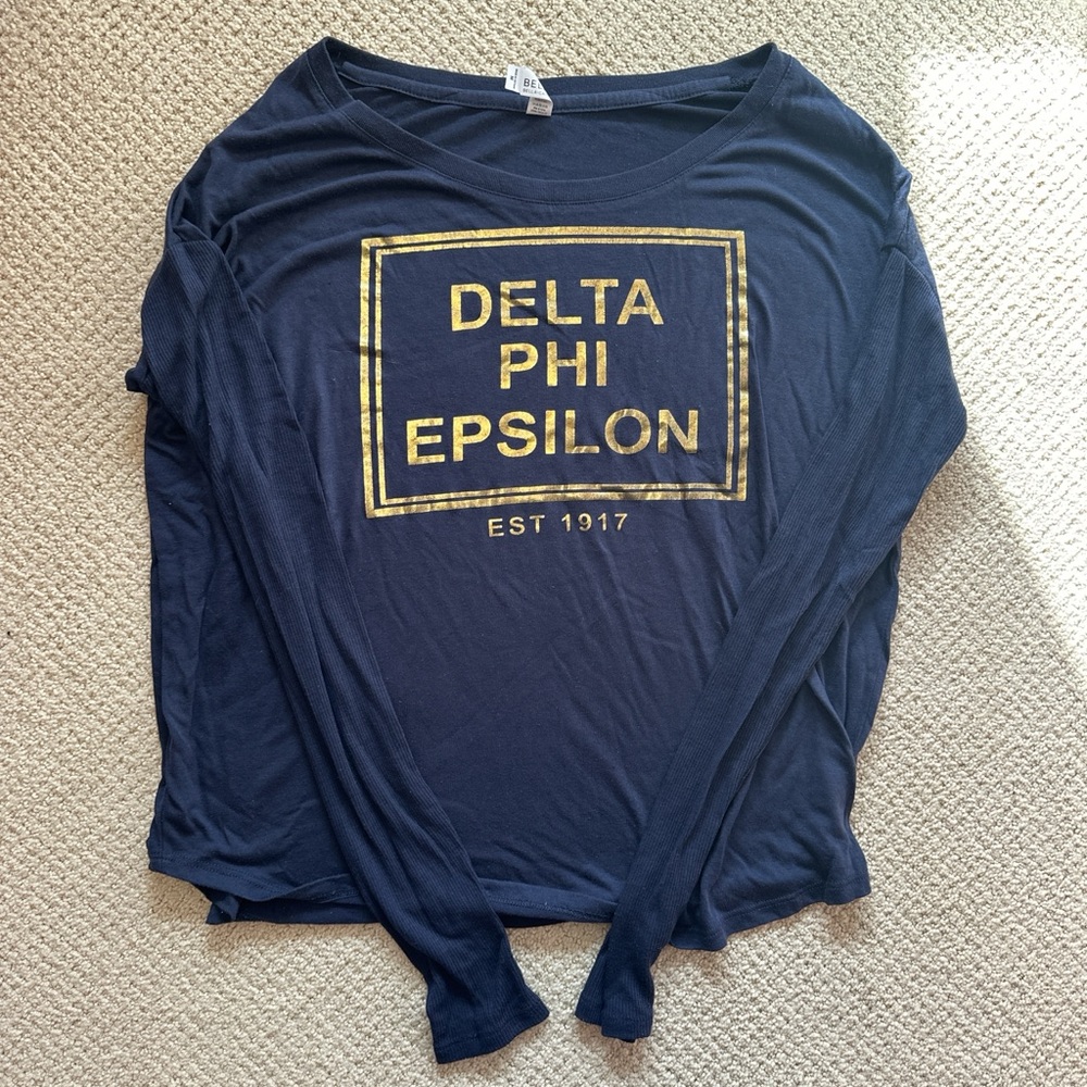 Delta Phi Epsilon Navy Long Sleeve Tee with Gold Print